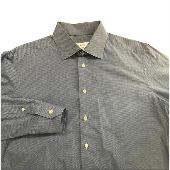 Eton Contemporary LS Button Up Shirt Mens Size 17.5/44 Navy Blue Plaid Romania - Picture 1 of 8